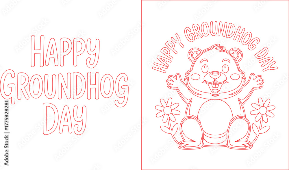 Obraz premium Cartoon Groundhog with Flowers Celebrating Groundhog Day Outline Illustration for DIY Projects