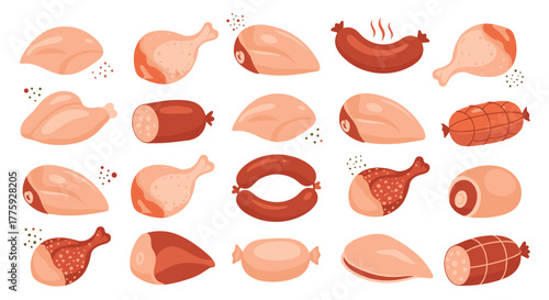 A diverse assortment of raw poultry and processed meat products, featuring chicken parts, various sausages, and deli cuts, on a white background.