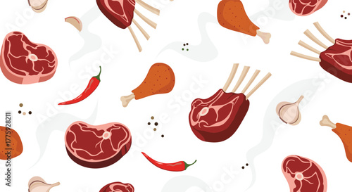 Seamless pattern of diverse meat cuts and cooking ingredients, featuring steaks, lamb chops, chicken drumsticks, garlic, chili, and peppercorns on white.