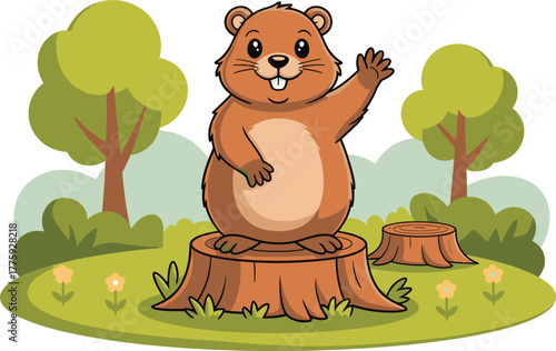 Cartoon Groundhog Standing on a Tree Stump Waving in a Sunny Forest Setting