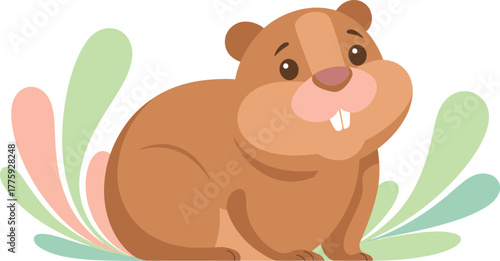 Cartoon Groundhog with Cheeks, Teeth, Surrounded by Mint and Salmon Shapes
