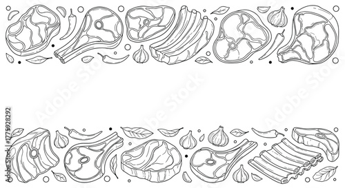 Outline sketch seamless border with different raw meat cuts, ribs, steak, and spices like chili, garlic, and bay leaves, ideal for food-related designs.