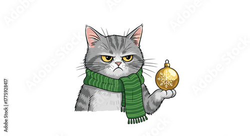 A disgruntled grey tabby cat wearing a green winter scarf glares while holding a festive golden Christmas ornament with a snowflake design.