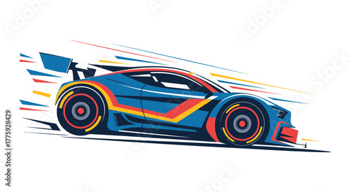 High performance sports car racing vector illustration featuring bright blue red and yellow motion streaks conveying intense speed energy and automotive thrill ideal for motorsport artwork and poster 