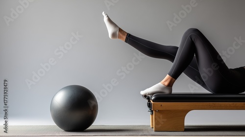 Leg and foot elevation exercise on a pilates reformer with medicine ball support