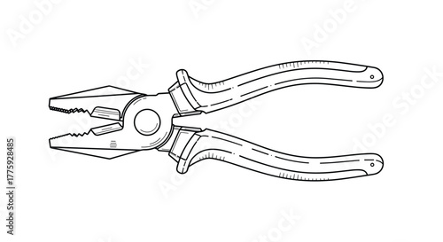A detailed line art illustration of a combination plier, a common hand tool for gripping, bending, and cutting wires, presented in black and white.
