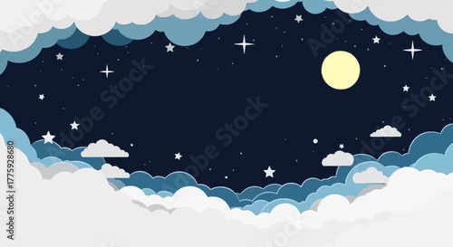 Vector illustration of paper cut clouds against a night sky filled with stars and a crescent moon.