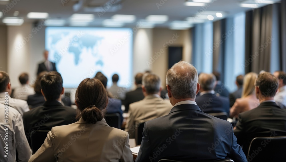 Fototapeta premium Business People Meeting and Working while Business Executive Lead Presenter Speaks to Group of Successful Technology Entrepreneurs. Consultant Advisor. Growth Training Lecture. Defocused Blurred