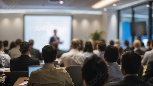 Business People Meeting and Working while Business Executive Lead Presenter Speaks to Group of Successful Technology Entrepreneurs. Consultant Advisor. Growth Training Lecture. Defocused Blurred