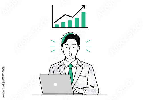 Surprised businessman sees financial growth chart over laptop screen - Flat Vector Illustration. Colored vector illustration