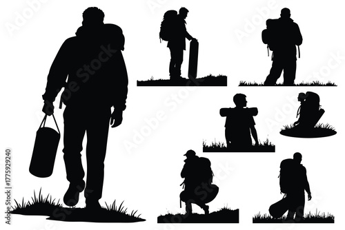 Black silhouettes of hikers with backpacks and gear