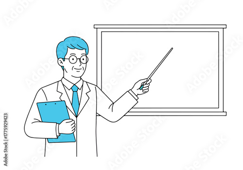 Professor holding book and pointer stick presenting information on whiteboard in flat style - Flat Vector Illustration. Colored vector illustration