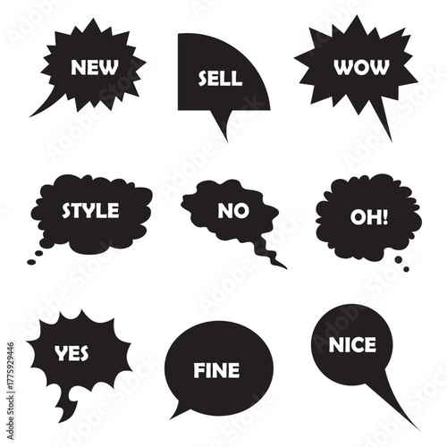 Collection of various black speech bubbles with different words inside