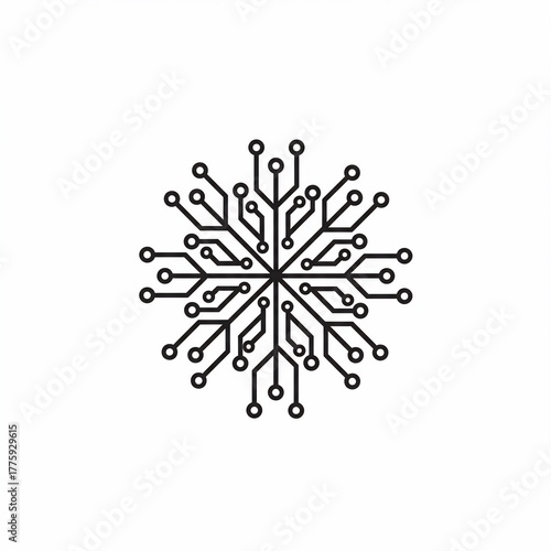 A symmetrical circuit board design resembling a snowflake, rendered in black lines on a white background, featuring connected circles and lines