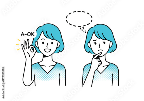Woman's emotions contrast one happy ok gesture other pensive thought bubble - Flat Vector Illustration. Colored vector illustration
