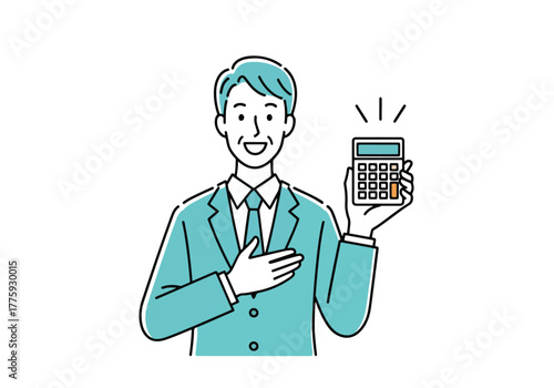 Man in suit holding calculator proudly demonstrating financial tool and expertise - Flat Vector Illustration. Colored vector illustration