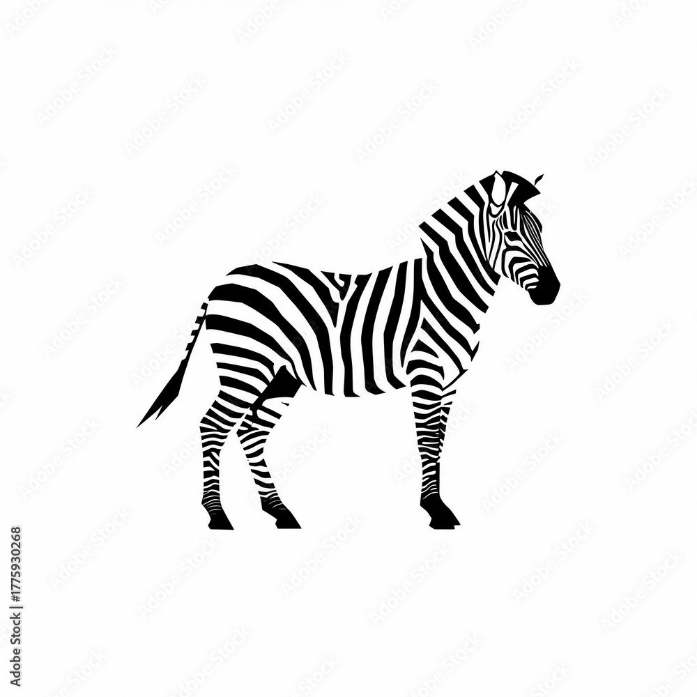 Obraz premium A monochrome illustration of a zebra, standing sideways against a blank white backdrop. The zebra displays clear black and white stripes