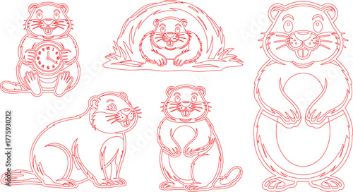 Cartoon Groundhogs in Outlines Groundhog Day Illustration, Holiday Art, Funny Rodent Animals