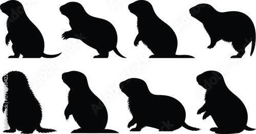 Collection of Black Prairie Dog Silhouettes in Various Poses Isolated on White Background