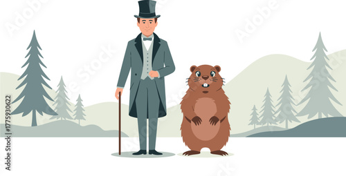 Groundhog Day Cartoon Man with Top Hat Beside Groundhog in Forest