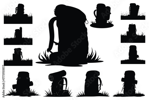 Collection of black backpack silhouettes on grass rucksack