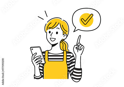 Woman holding smartphone gets great idea and success checkmark in speech bubble - Flat Vector Illustration. Colored vector illustration