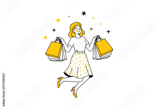 Joyful woman jumps with shopping bags celebrating retail therapy and fashion finds - Flat Vector Illustration. Colored vector illustration