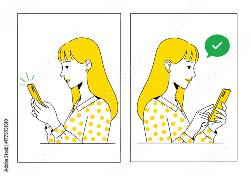 Woman improving posture while using smartphone corrected bad habit healthy spine - Flat Vector Illustration. Colored vector illustration