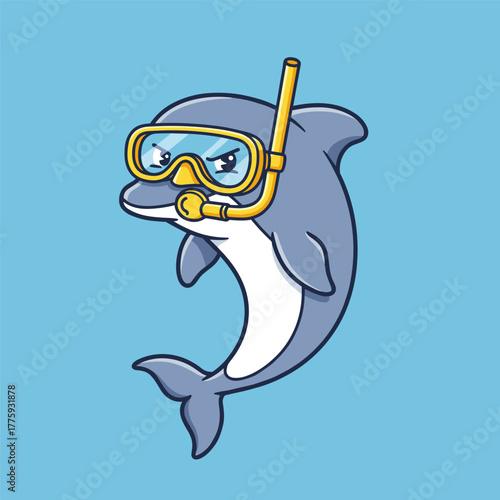 Determined cartoon dolphin wearing a yellow snorkeling mask and snorkel over a light blue background.