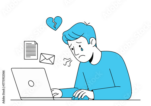 Man crying over laptop with broken heart and email symbols flat style - Flat Vector Illustration. Colored vector illustration