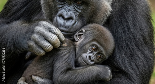A gorilla tenderly holds a baby gorilla 