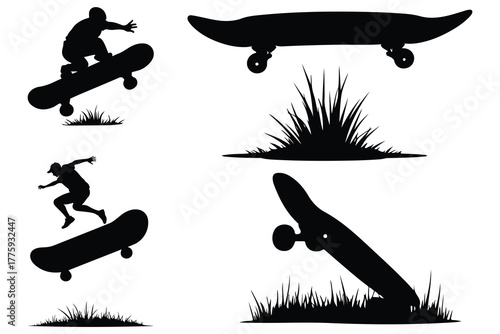 Black silhouette skateboarders and skateboards with grass