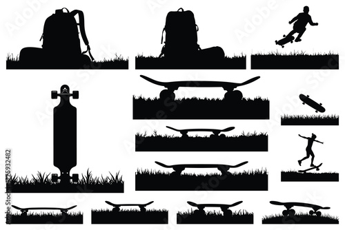Black silhouettes of skateboards backpacks and skateboarders on grass