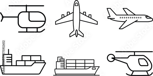 Airplane Helicopter and Ship Transport Icon Vector Collection