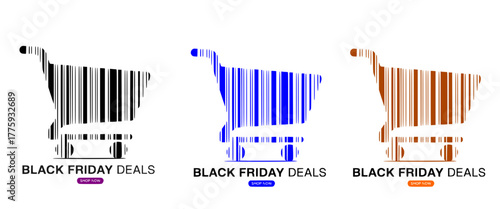 Black Friday deals shopping cart barcode design, retail sale concept, discount offer banner, modern vector illustration, ecommerce marketing template, shop icon set for online sale promotion