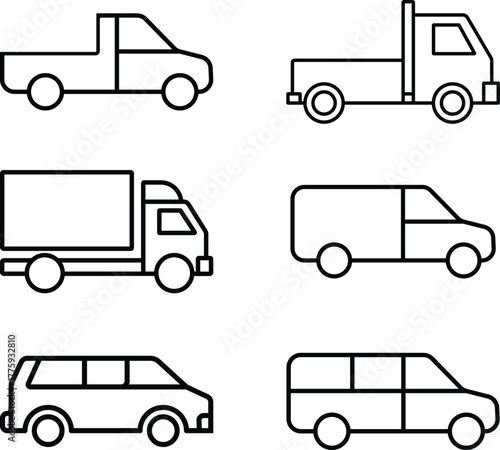 Truck Van and Delivery Vehicle Icon Collection in Outline Design