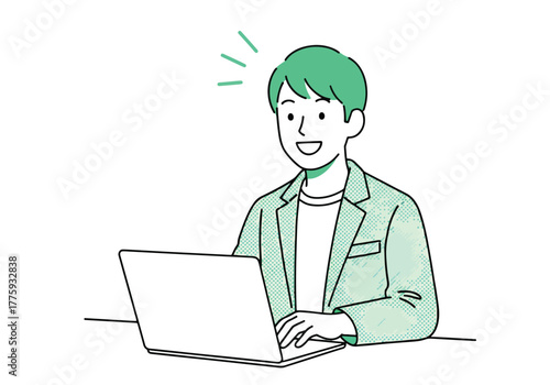 Young man excitedly works on laptop computer in flat style outline art - Flat Vector Illustration. Colored vector illustration