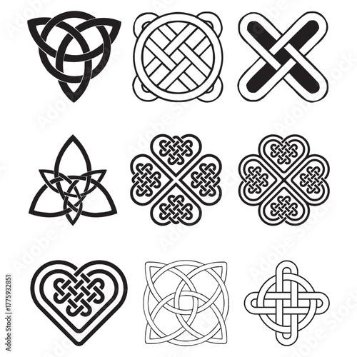 Collection of intricate black and white celtic knotwork designs on white background