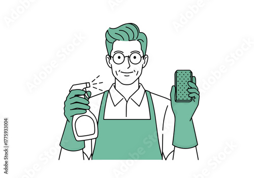 Smiling man in apron and gloves holds cleaning spray and sponge ready for chores - Flat Vector Illustration. Colored vector illustration