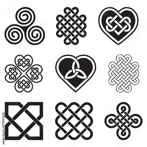 Collection of black and white celtic knotwork and geometric designs
