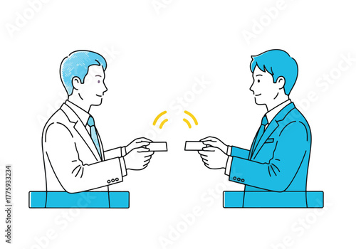 Businessmen exchanging gifts and information with a collaborative spirit - Flat Vector Illustration. Colored vector illustration