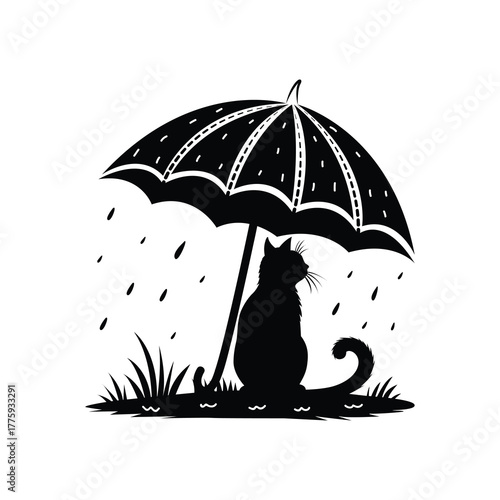 Rainy Day cat Umbrella vector, Cat Sitting Under Umbrella silhouette
