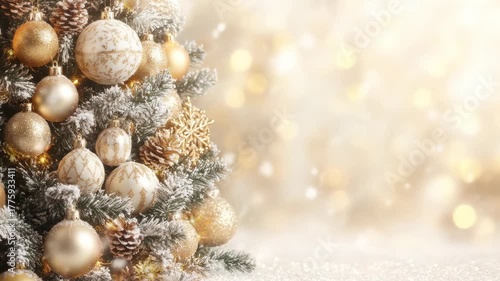 Gold, cream, and white Christmas tree ornaments and snowy branches