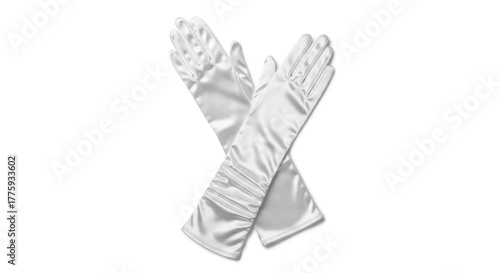 A pair of elegant white satin opera gloves with a smooth, lustrous finish, presented crossed on a white background.