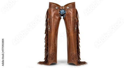 A pair of ornate brown leather chaps with fringe detailing and decorative stitching, worn over denim jeans.