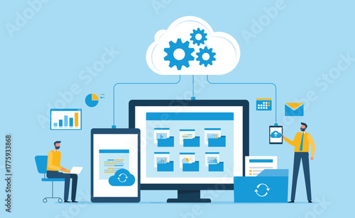flat vector illustration design technology cloud computer concept. data center and online server backup service. with administration team working and manage file document  connect to cloud backup
