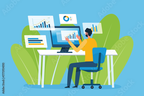 flat vector illustration design Data Scientist and data analysis concept. business people working with information graph dashboard monitors. a man working at desk, analyzing data on a computer
