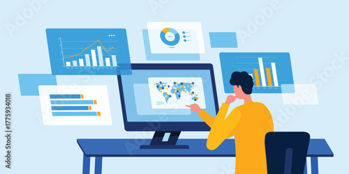 flat vector illustration design Data Scientist and data analysis concept. business people working with information graph dashboard monitors. a man working at desk, analyzing data on a computer

