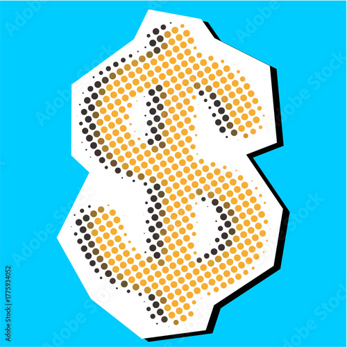 Dollar sign halftone dotted collage element pointillize in paper torn vector. Textured graphic for finance, money, and economic themes.