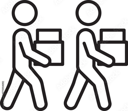Two people carrying boxes in a simple line art style